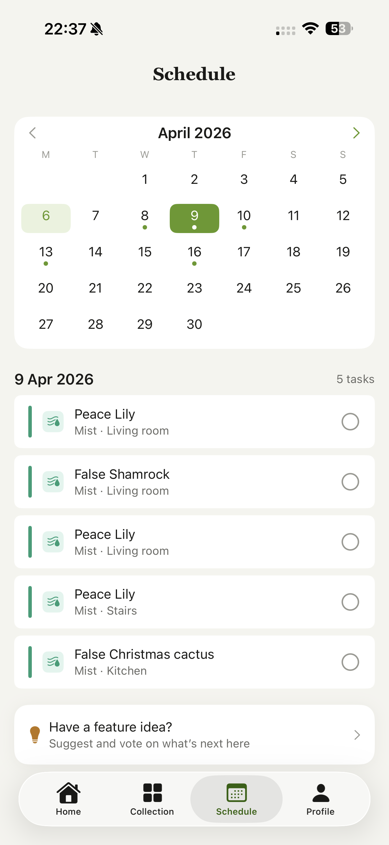 Care schedule calendar showing daily plant tasks