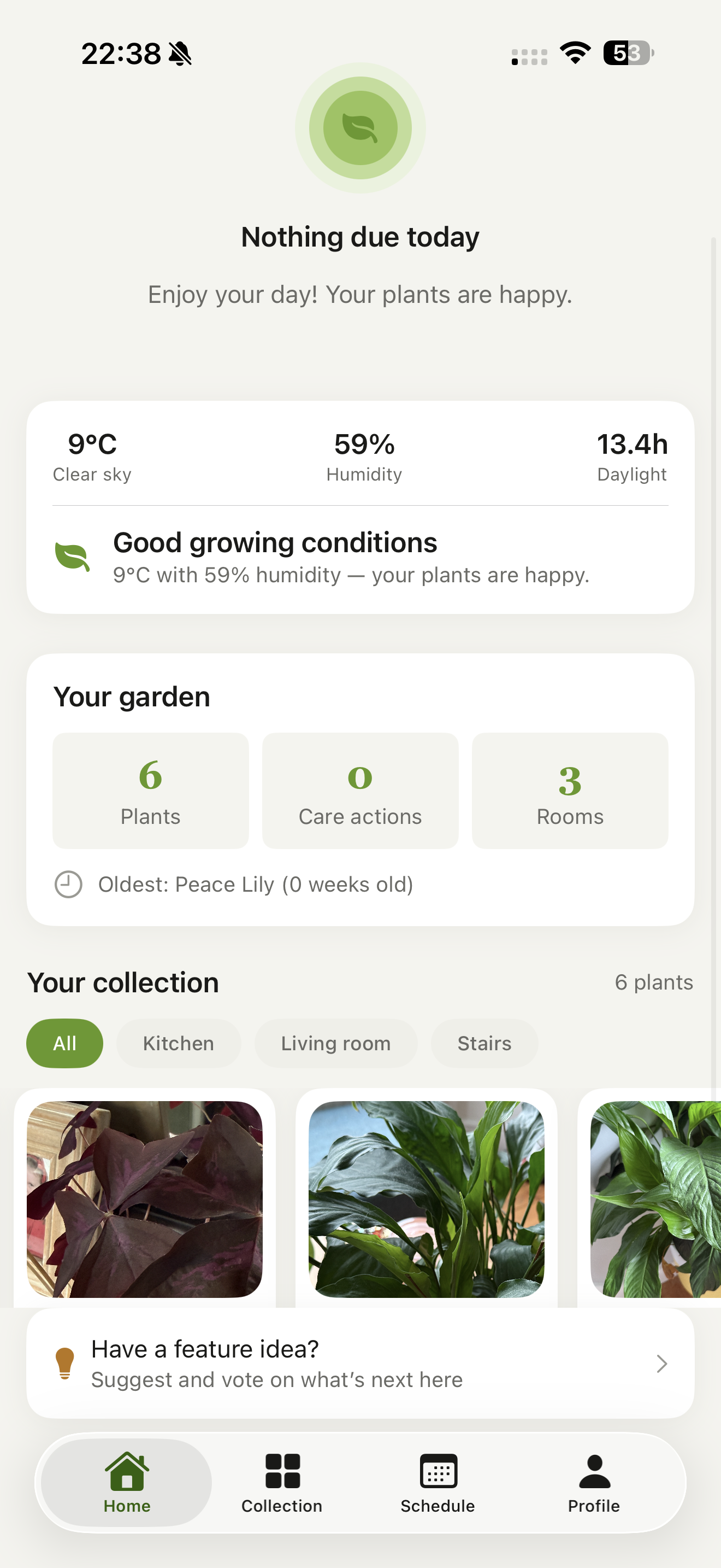 Tendril app home screen showing weather, care tasks, and plant collection